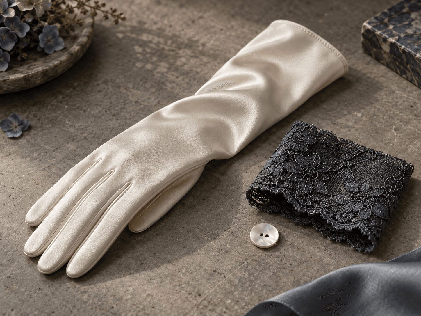 Editorial close-up of an ivory satin glove with a charcoal lace cuff