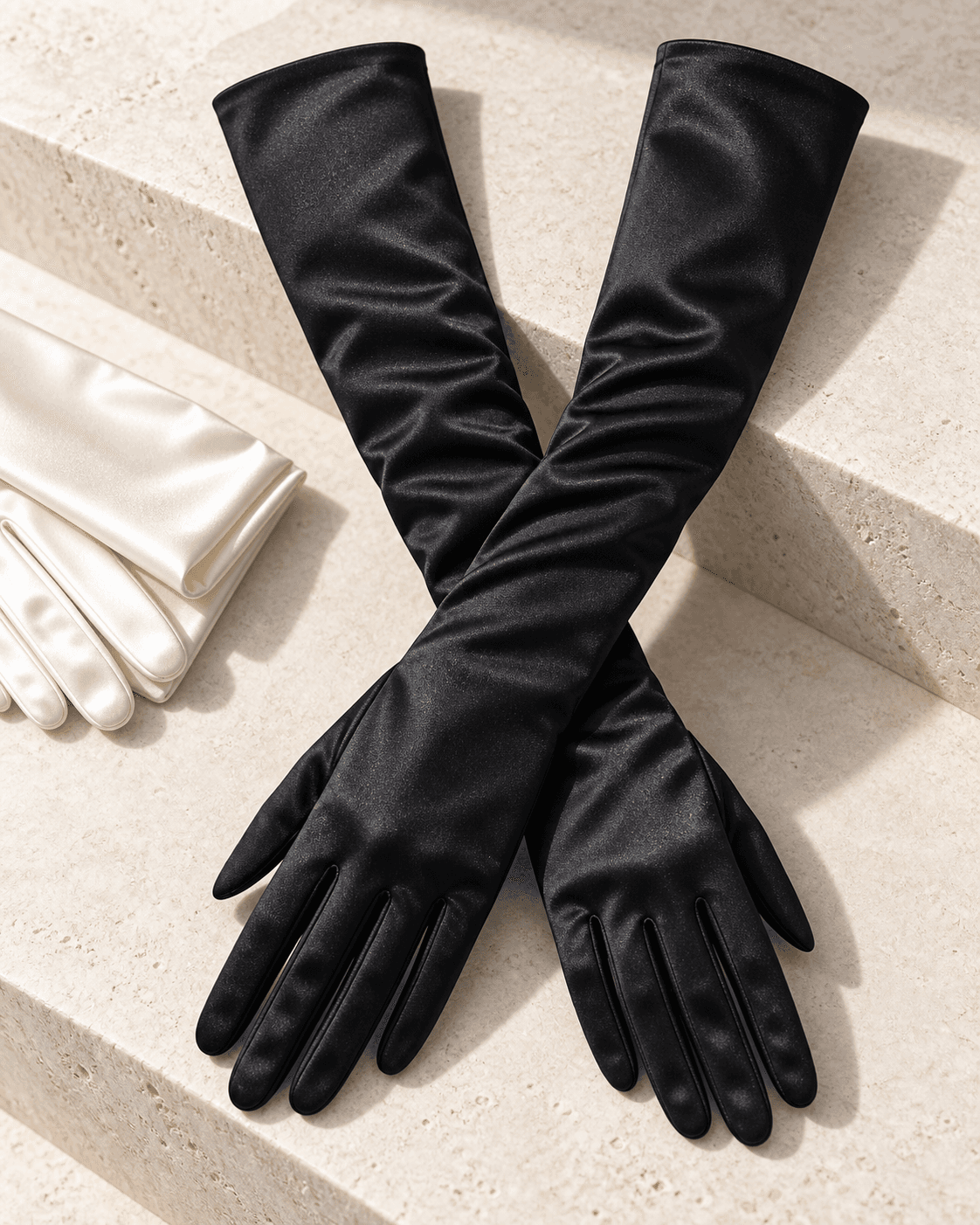 Ink satin opera gloves arranged as a sculptural studio still life
