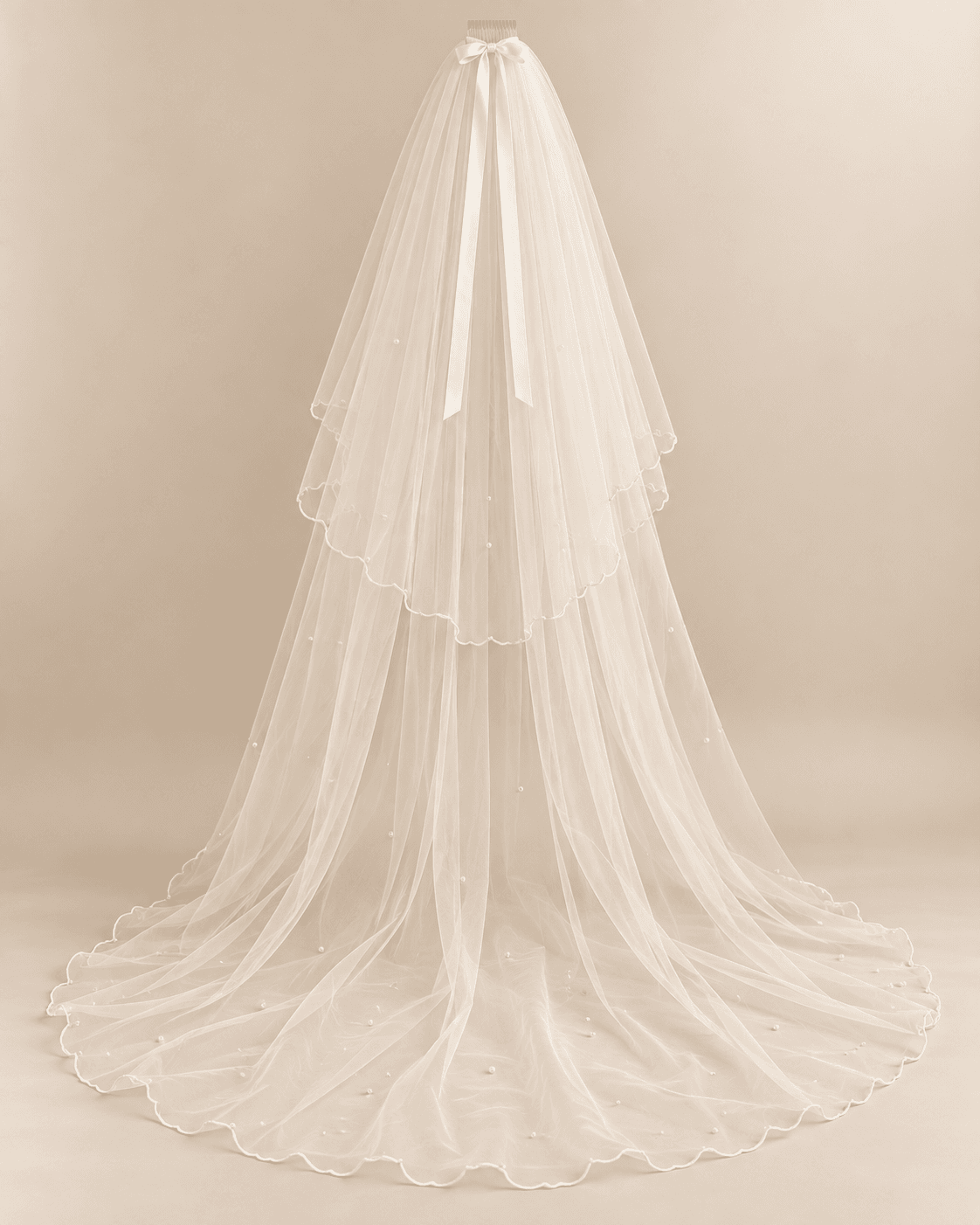 Ivory cathedral bridal veil with a ribbon comb and scalloped edge