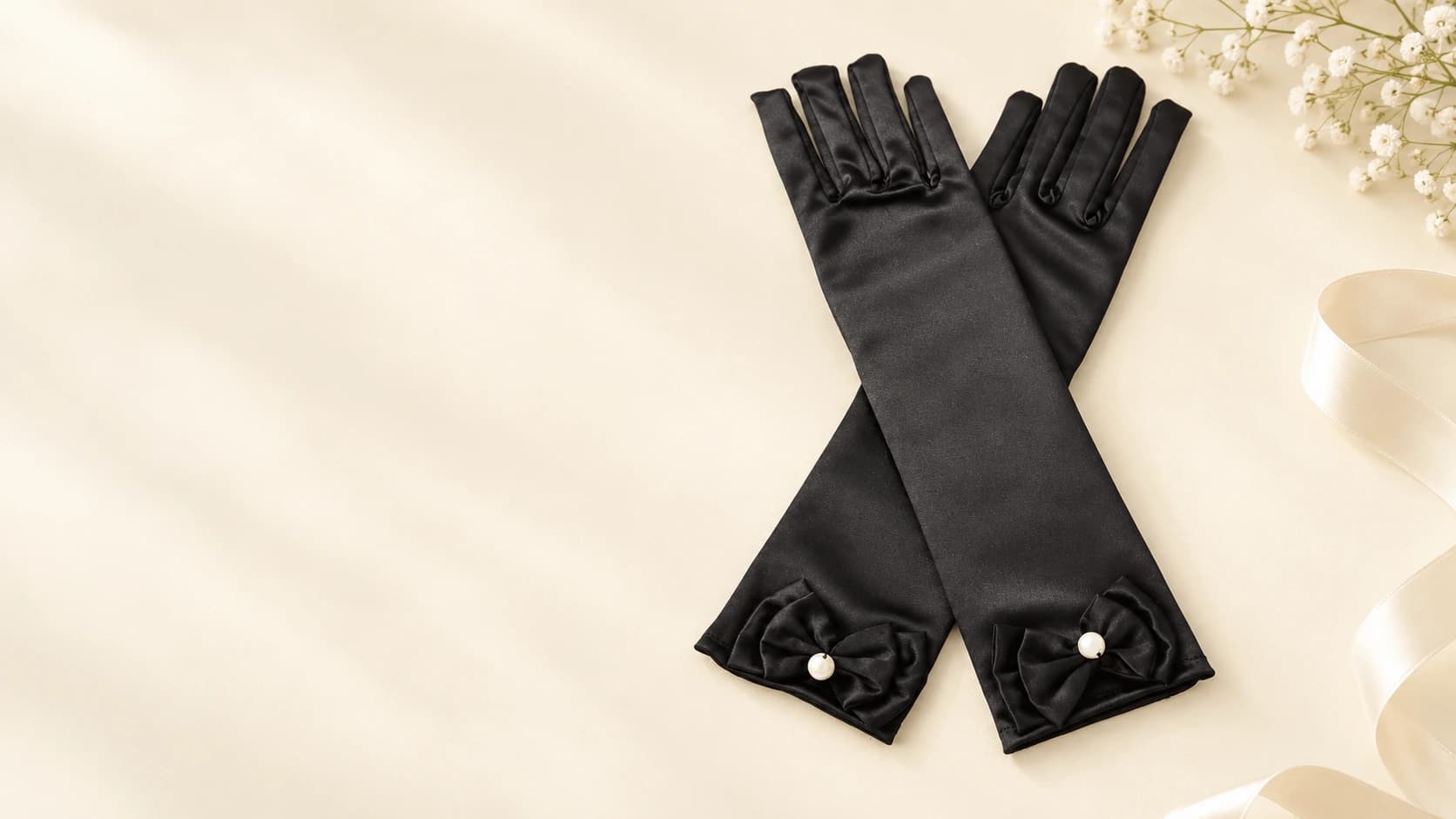 Black satin girls dress gloves with bow cuffs and button details on a warm ivory studio surface