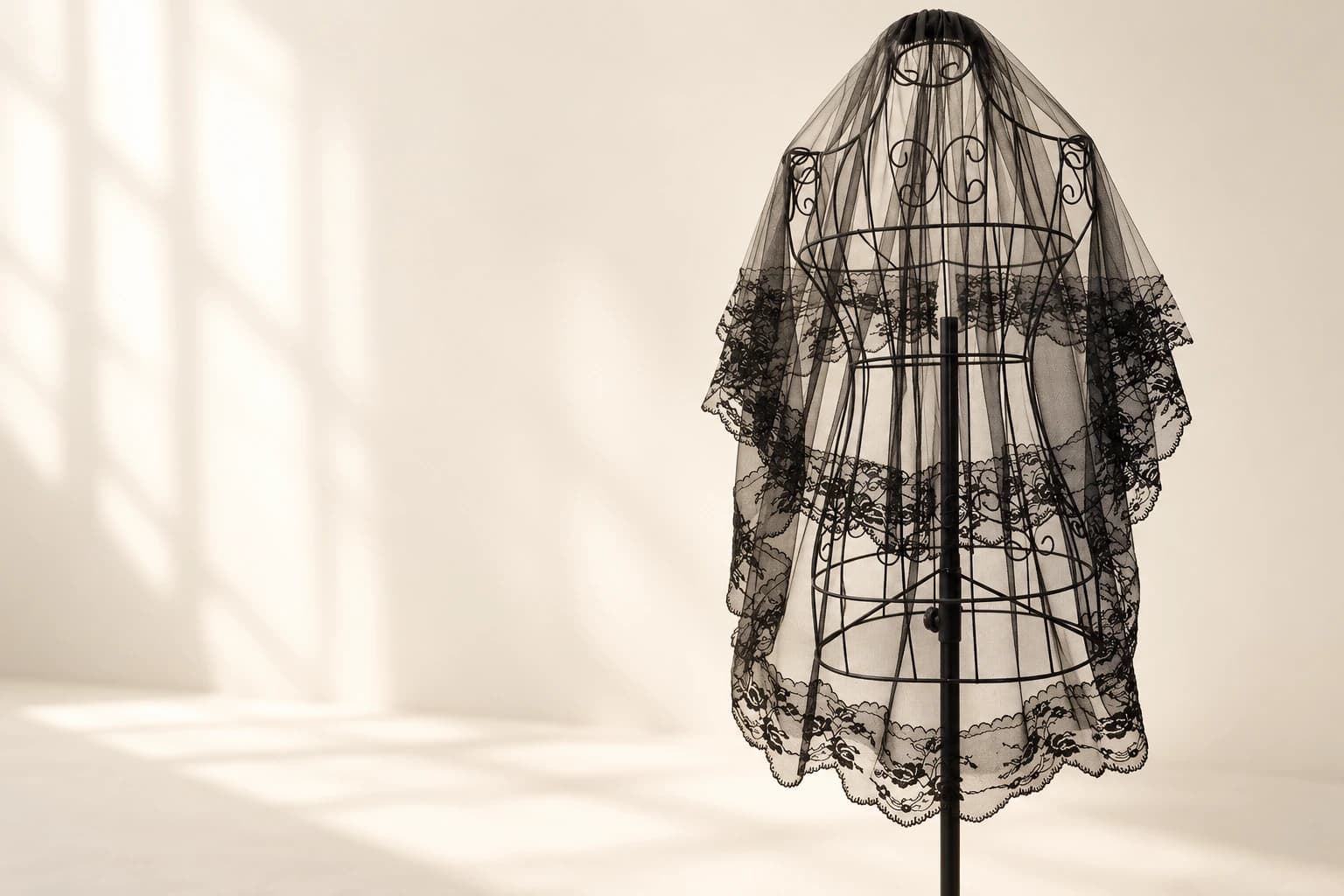 Black lace-trim wedding veil displayed against a warm ivory studio background